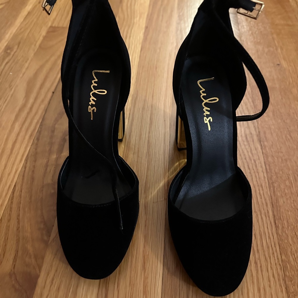 Lulus Laura black velvet ankle strap heels